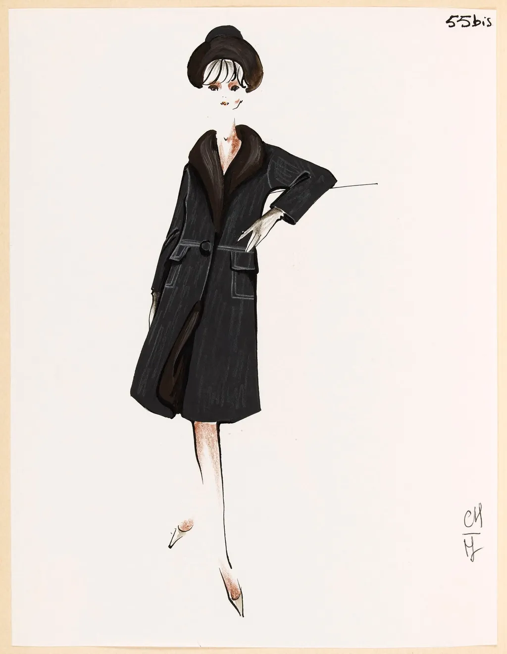 Manteau noir à col marron et chapeau assorti, by Marie-Louise Carven, 1967