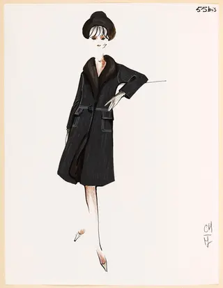 Manteau noir à col marron et chapeau assorti, by Marie-Louise Carven, 1967