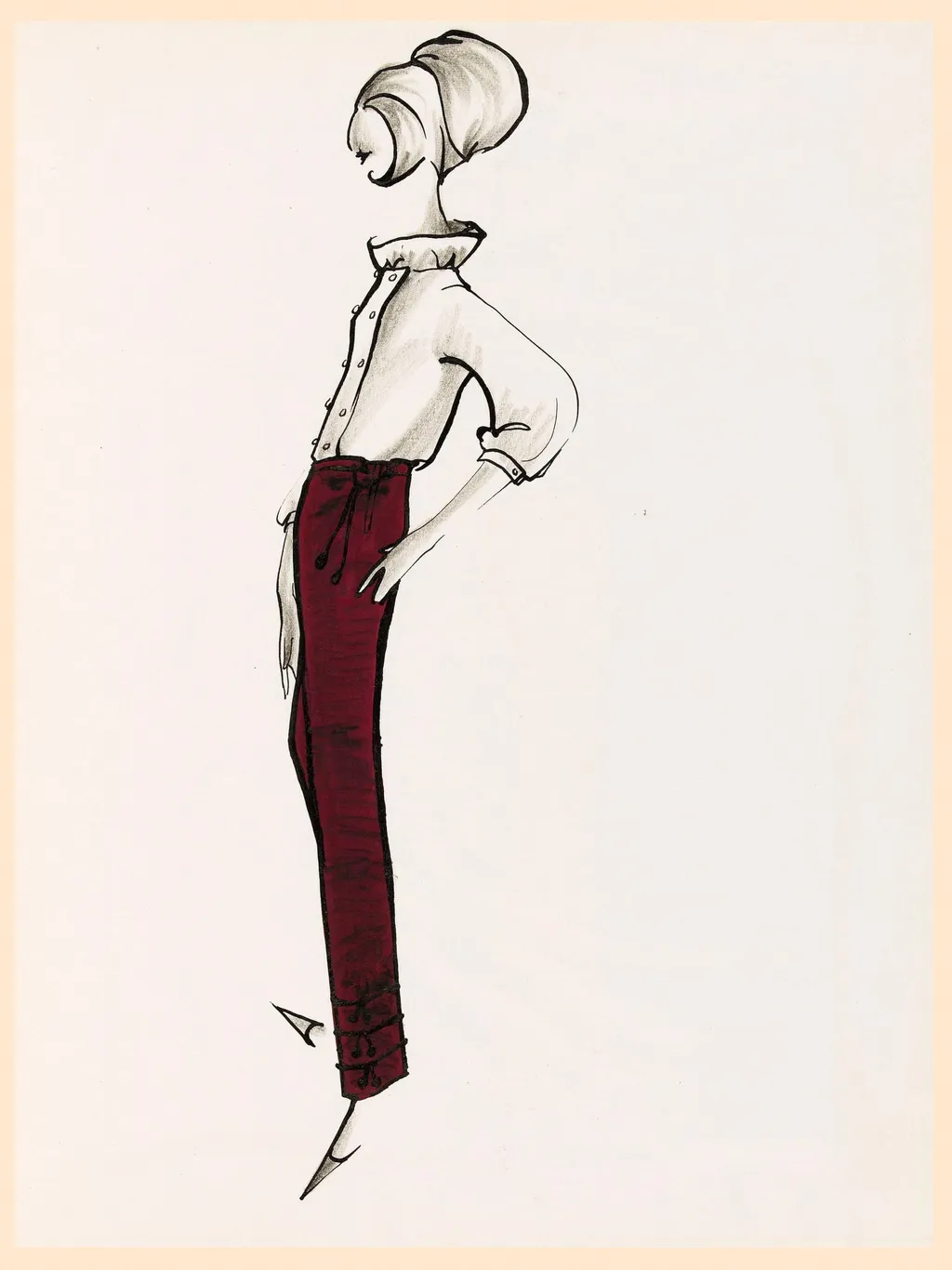 Pantalon bordeaux avec applications en bas de la jambe, by Marie-Louise Carven, 1963