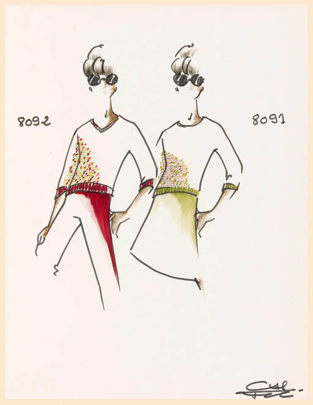 Pull-over à manches trois quarts et à encolure V à motifs multicolores, pantalon cerise et lunettes de soleil, by Marie-Louise Carven, 1965