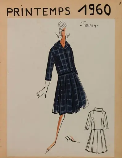 Recueil de 111 dessins (croquis de modèles) pour les collections Carven Junior printemps 1960 (65 dessins) et automne/hiver 1960/61 ( une page de garde et 46 dessins). 110 dessins collés recto-verso sur les pages de l'album et 1 dessin sur feuille volante glissée à la fin de l'album. Album composé de 100 pages cartonnées et de 6 feuilles à petits carreaux à la fin dont 1 page vierge., by Marie-Louise Carven