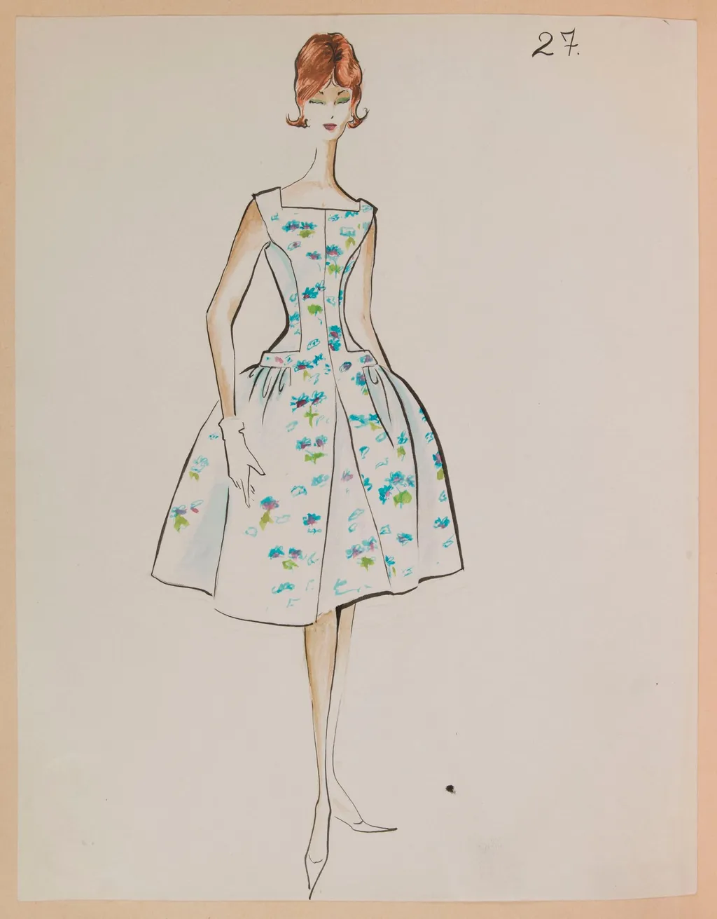 Robe à encolure carrée blanche à motif bleu, by Marie-Louise Carven, 1959