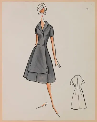 Robe grise cintré à grand pan boutonné sur le devant, by Marie-Louise Carven