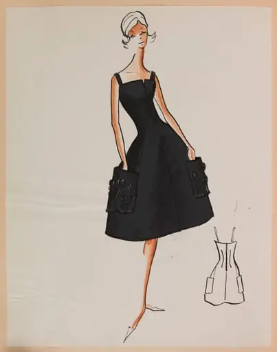 Robe noire à bretelles et deux larges poches brodées sur la jupe, by Marie-Louise Carven