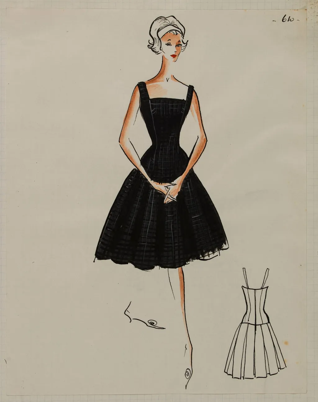 Robe noire à carreaux à bretelles et jupe évasée à plis creux, by Marie-Louise Carven, 1958