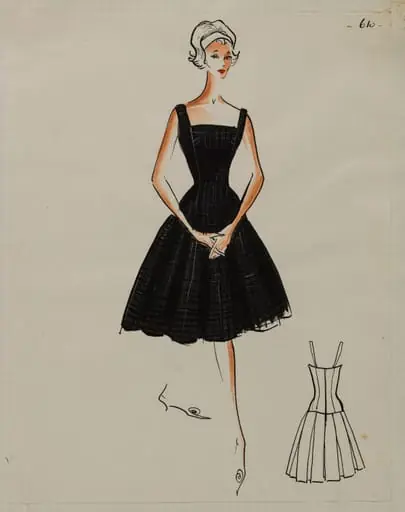 Robe noire à carreaux à bretelles et jupe évasée à plis creux, by Marie-Louise Carven