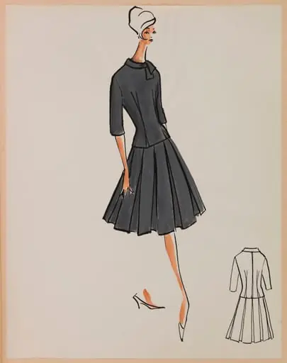 Tailleur gris foncé à jupe à larges plis, by Marie-Louise Carven