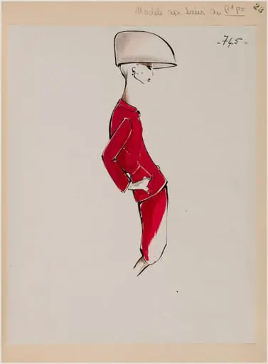 Tailleur vermillon et grand chapeau rose pâle, by Marie-Louise Carven
