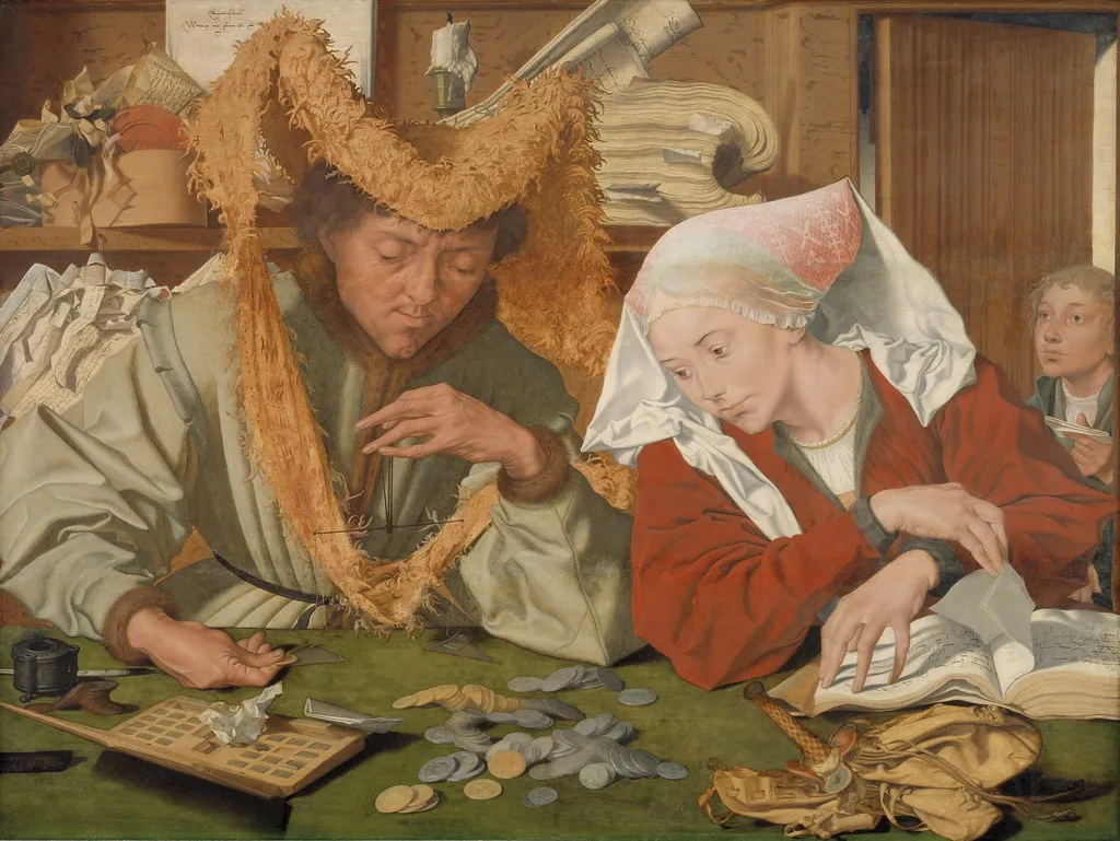 The Merchant and his Wife, by Marinus van Reymerswaele, oil, 1540