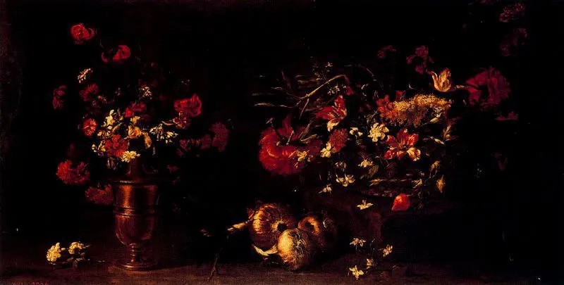 Vases and onions, by Mario Nuzzi, oil, 1640