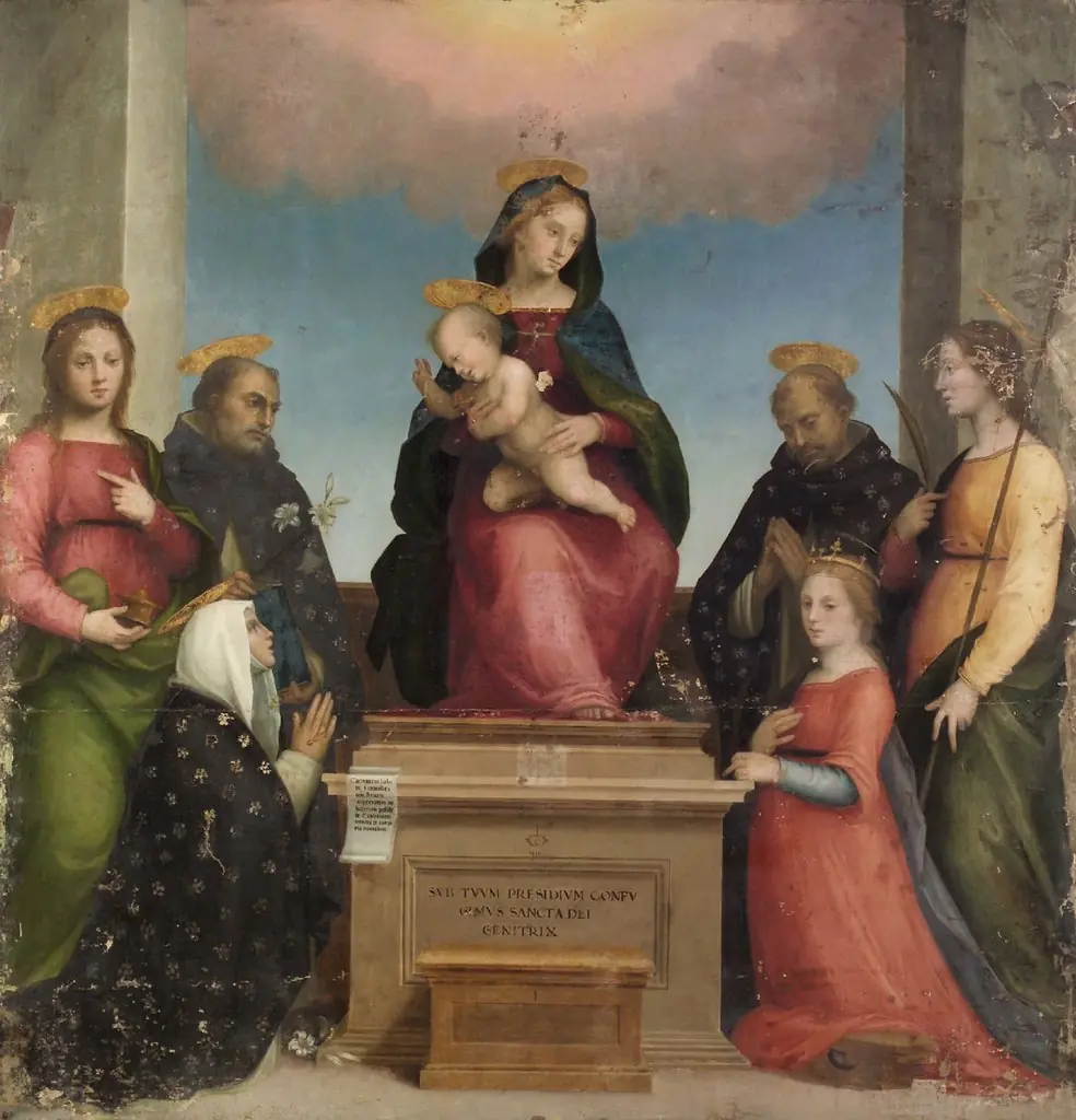 Maria mit Kind und den Hll. Katharina von Siena, Katharina von Alexandrien, Maria Magdalena, Dominikus, Petrus Martyr und einer Märtyrerin, by Mariotto Albertinelli
