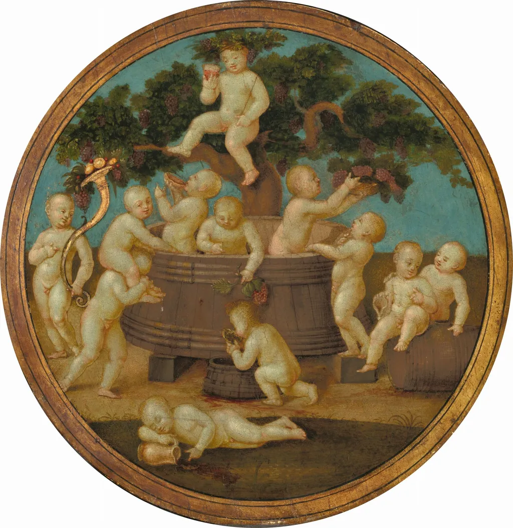 Putti with a Wine Press, by Mariotto Albertinelli, oil, 1500