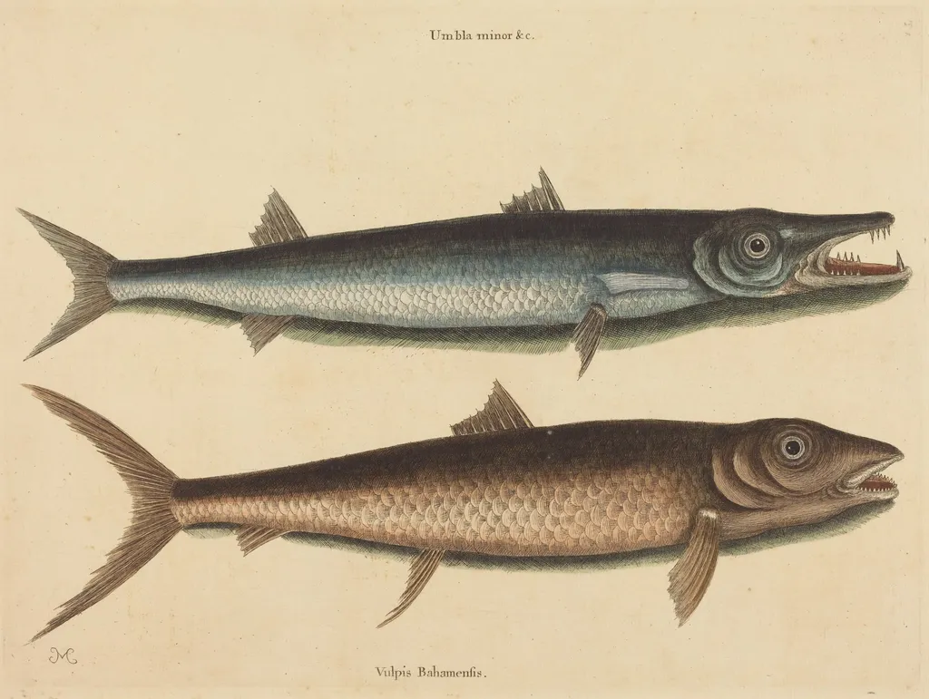 The Barracuda (Esox barracuda), by Mark Catesby, ink