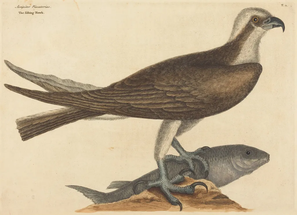 The Fishing Hawk (Falco haliaetus), by Mark Catesby, ink