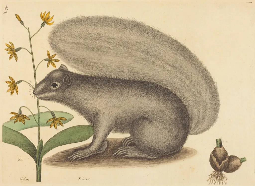 The Grey Fox Squirrel (Sciurus cinereus), by Mark Catesby, ink, 1737