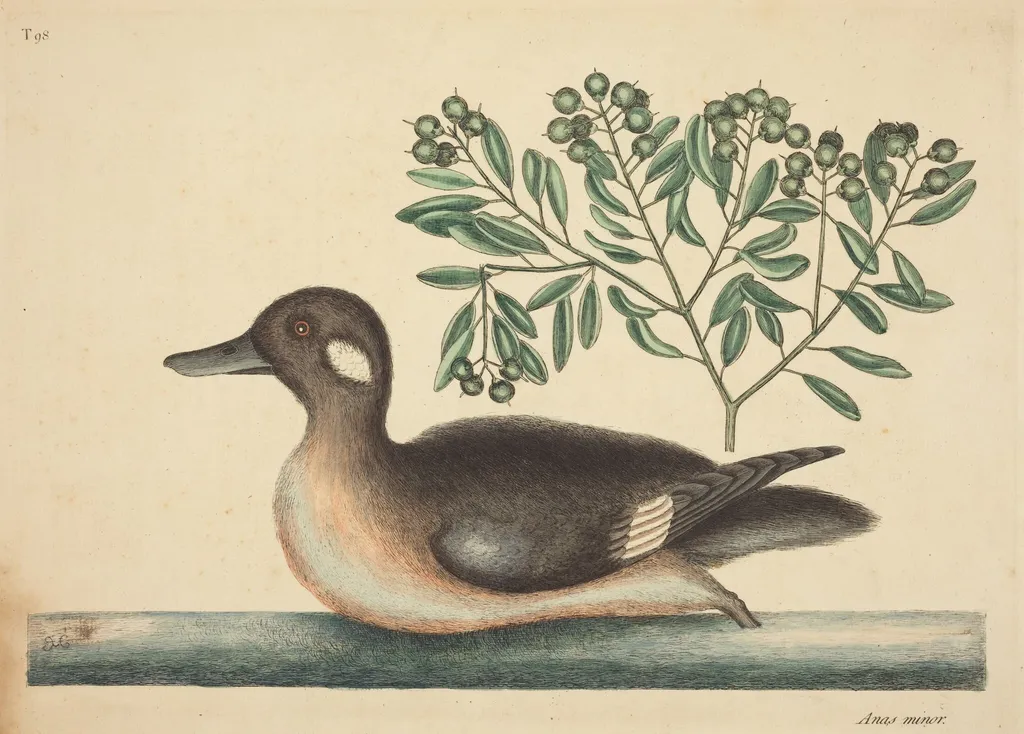 The Little Brown Duck (Anas rustica), by Mark Catesby, ink