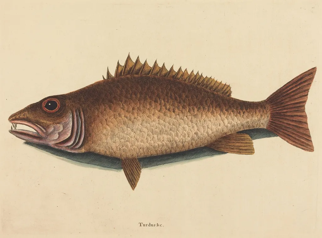 The Mangrove Snapper (Labrus griseus), by Mark Catesby, ink