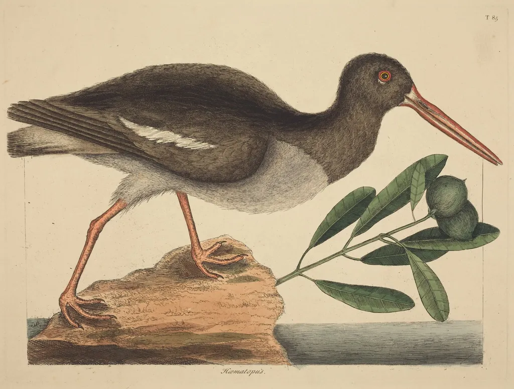 The Oyster-catcher (Hoematopus ostralegus), by Mark Catesby, ink, 1737