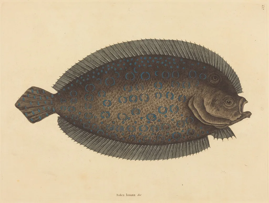 The Sole (Pleuronectes lunatus), by Mark Catesby, ink, 1737