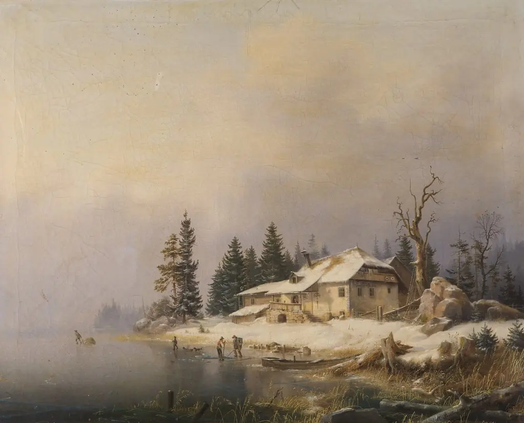 Bauernhof am winterlichen See, by Marko Pernhart