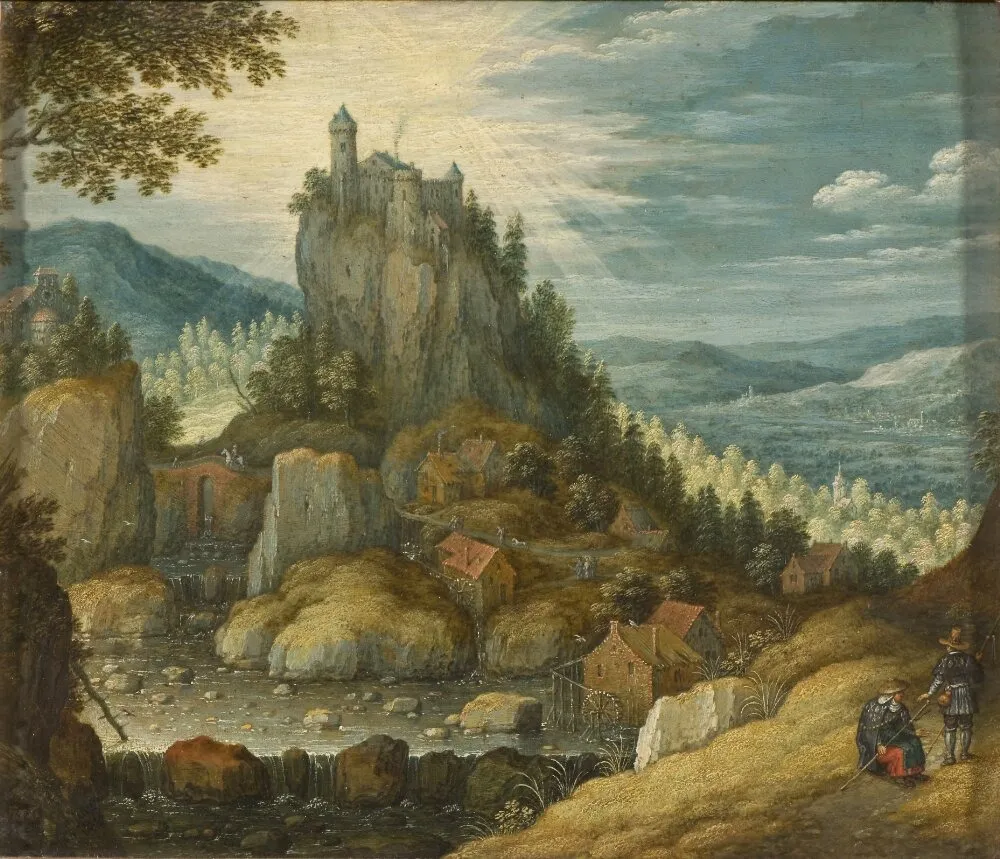 Mountain Landscape with a Castle (Christ on the Road to Emmaus), by Marten Ryckaert, oil, 1616