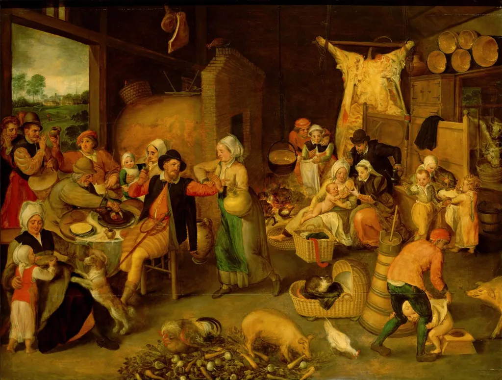 Farm with Distinguished Visitors, by Marten van Cleve, oil, 1557