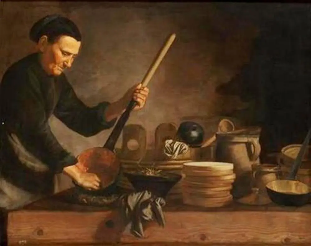 Old woman, cleaning a steel pan, by Martin Dichtl