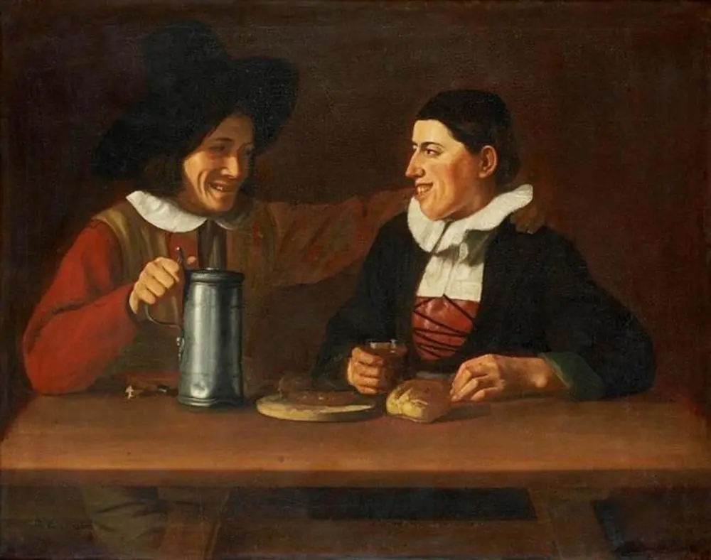 Two grinning men behind a table with a pewter, glass of wine and bread, by Martin Dichtl