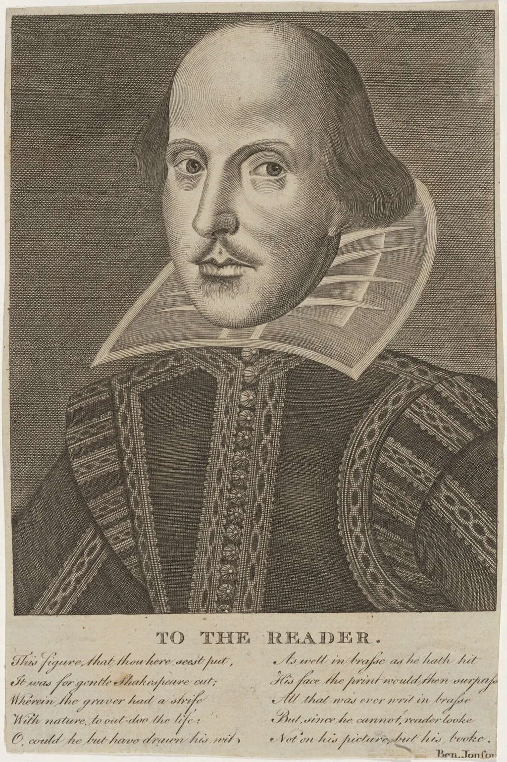 William Shakespeare, by Martin Droeshout, ink, 1610