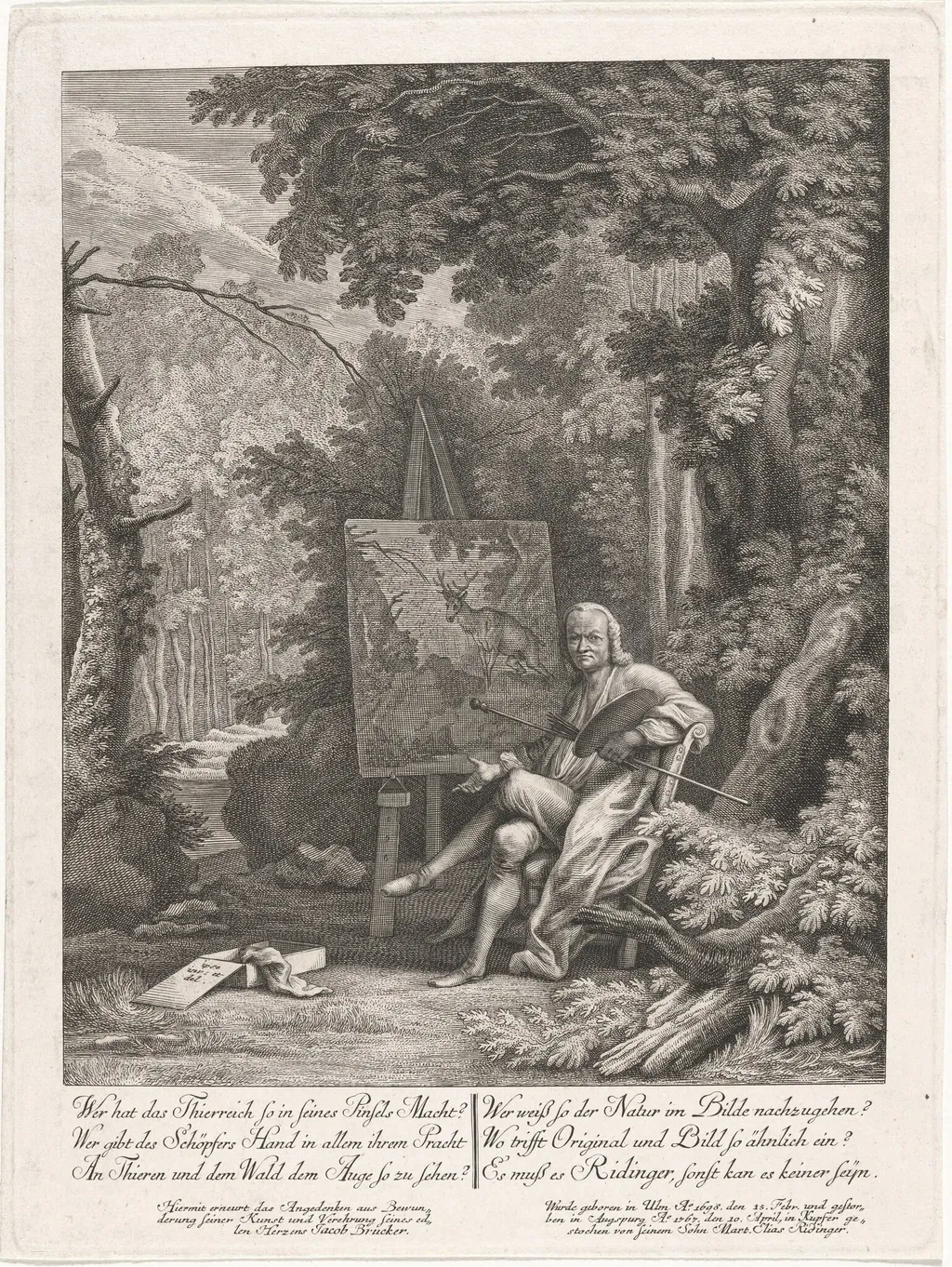 Self-Portrait of the Artist's Father in a Forest, by Martin Elias Ridinger, ink, 1767