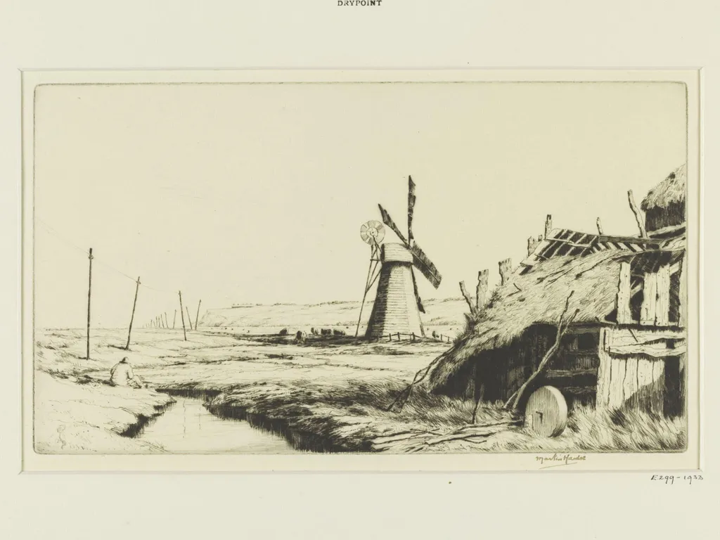 On the Suffolk Coast, by Martin Hardie, ink, 1932