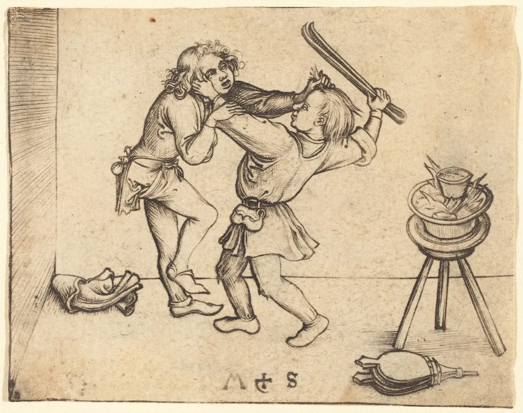 Apprentices Fighting, by Martin Schongauer, ink, 1480