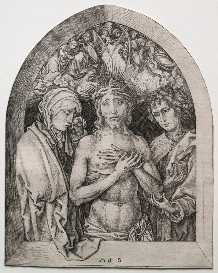 Christ as the Man of Sorrows between the Virgin and St. John, by Martin Schongauer, 1472