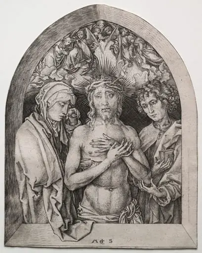 Christ as the Man of Sorrows between the Virgin and St. John, by Martin Schongauer