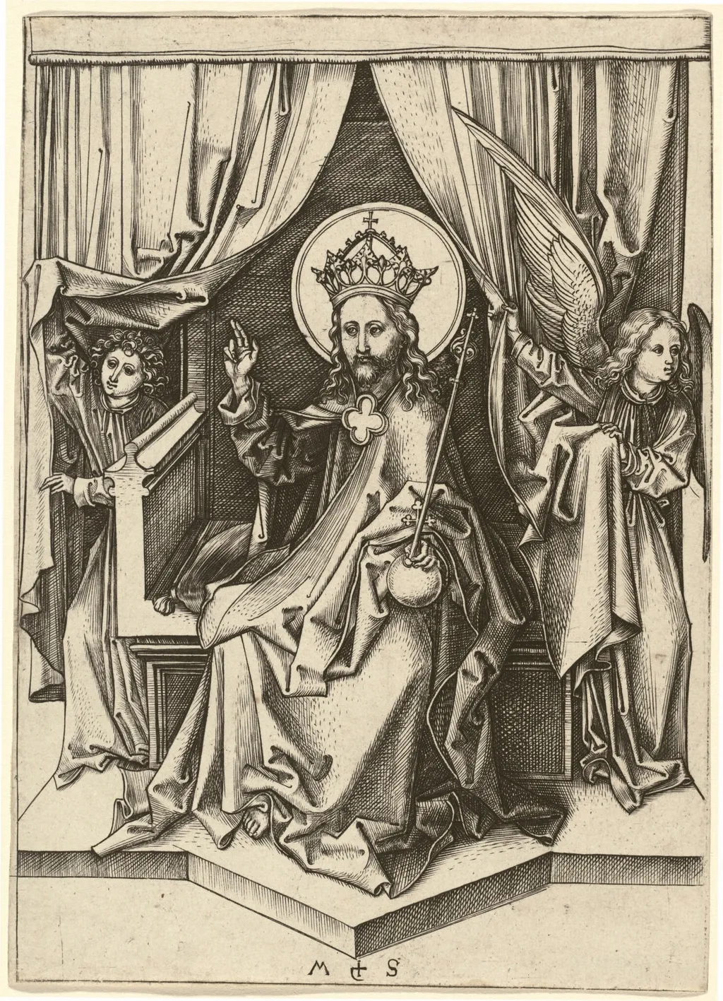 Christ Enthroned, with Two Angels, by Martin Schongauer, ink, 1478