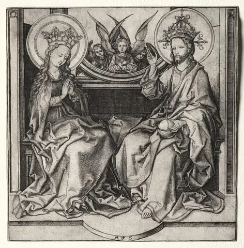 God the Father and the Blessed Virgin Enthroned Attended by Angels, by Martin Schongauer