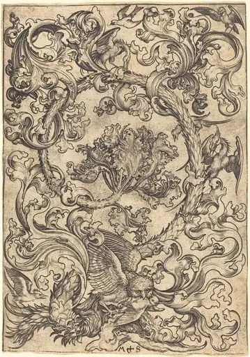 Ornament with Owl Mocked by Day Birds, by Martin Schongauer