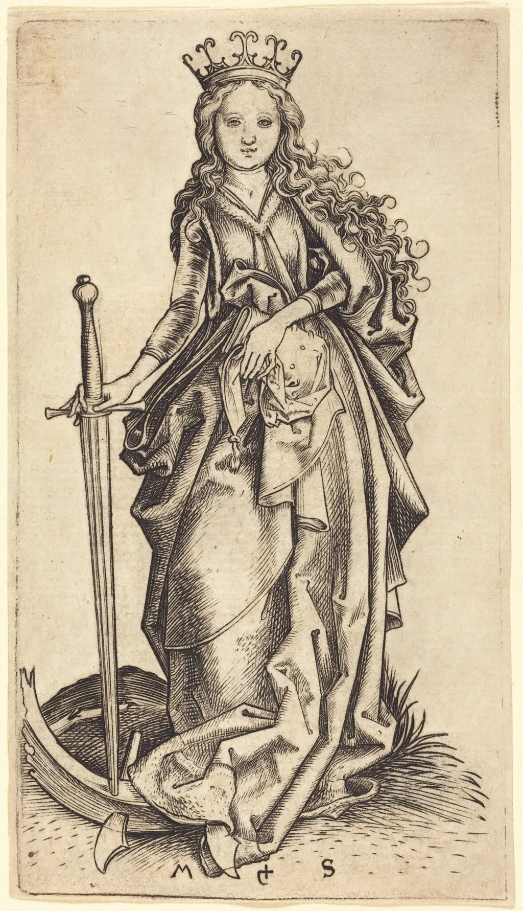 Saint Catherine of Alexandria, by Martin Schongauer, ink, 1485