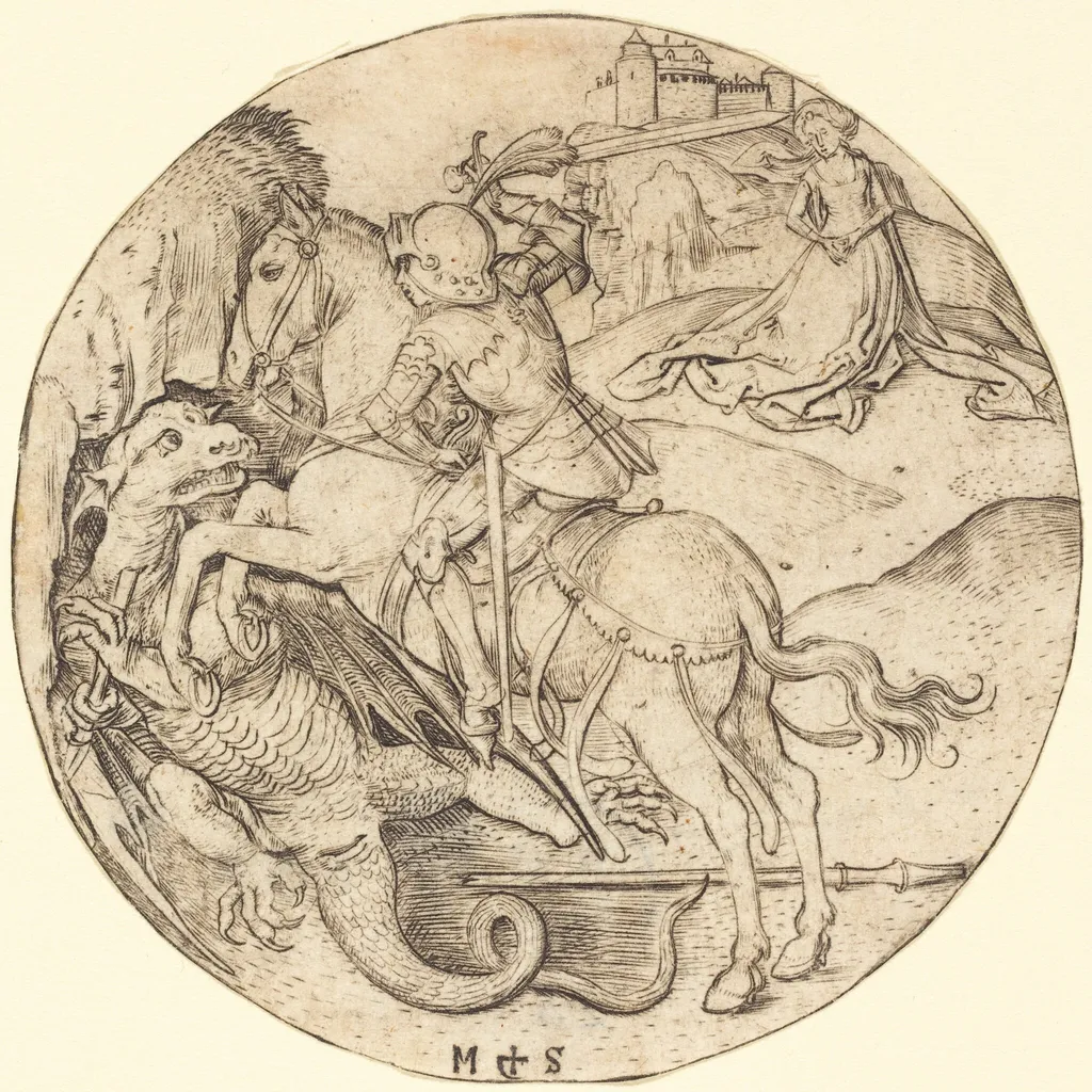 Saint George and the Dragon, by Martin Schongauer, ink, 1472