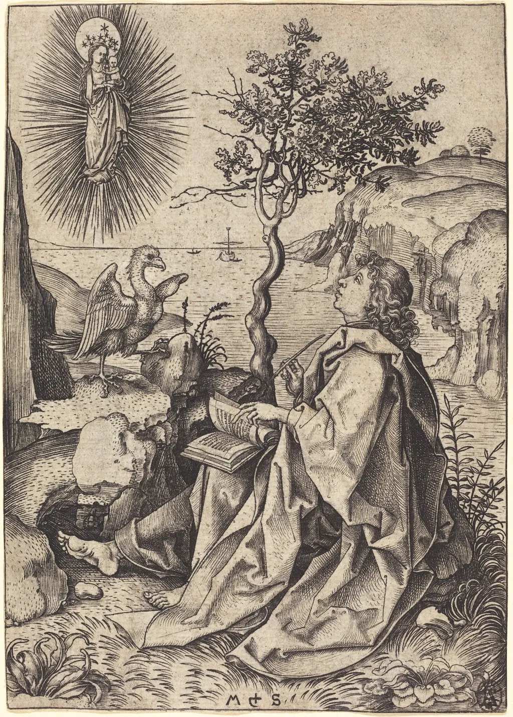 Saint John on Patmos, by Martin Schongauer, ink, 1478