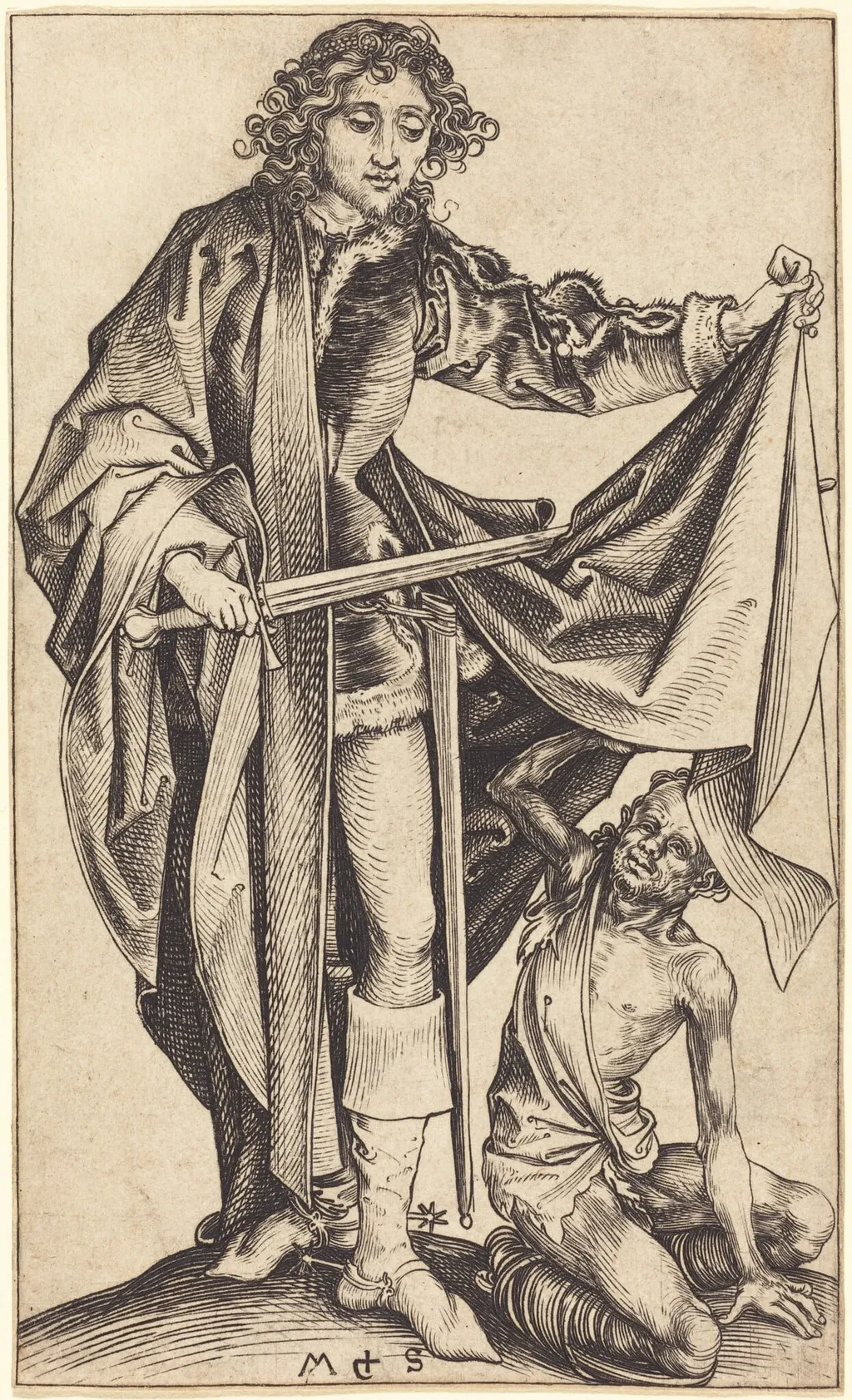 Saint Martin Dividing His Cloak, by Martin Schongauer, ink, 1475