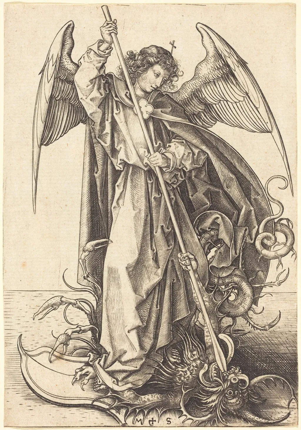 Saint Michael Slaying the Dragon, by Martin Schongauer, ink, 1485
