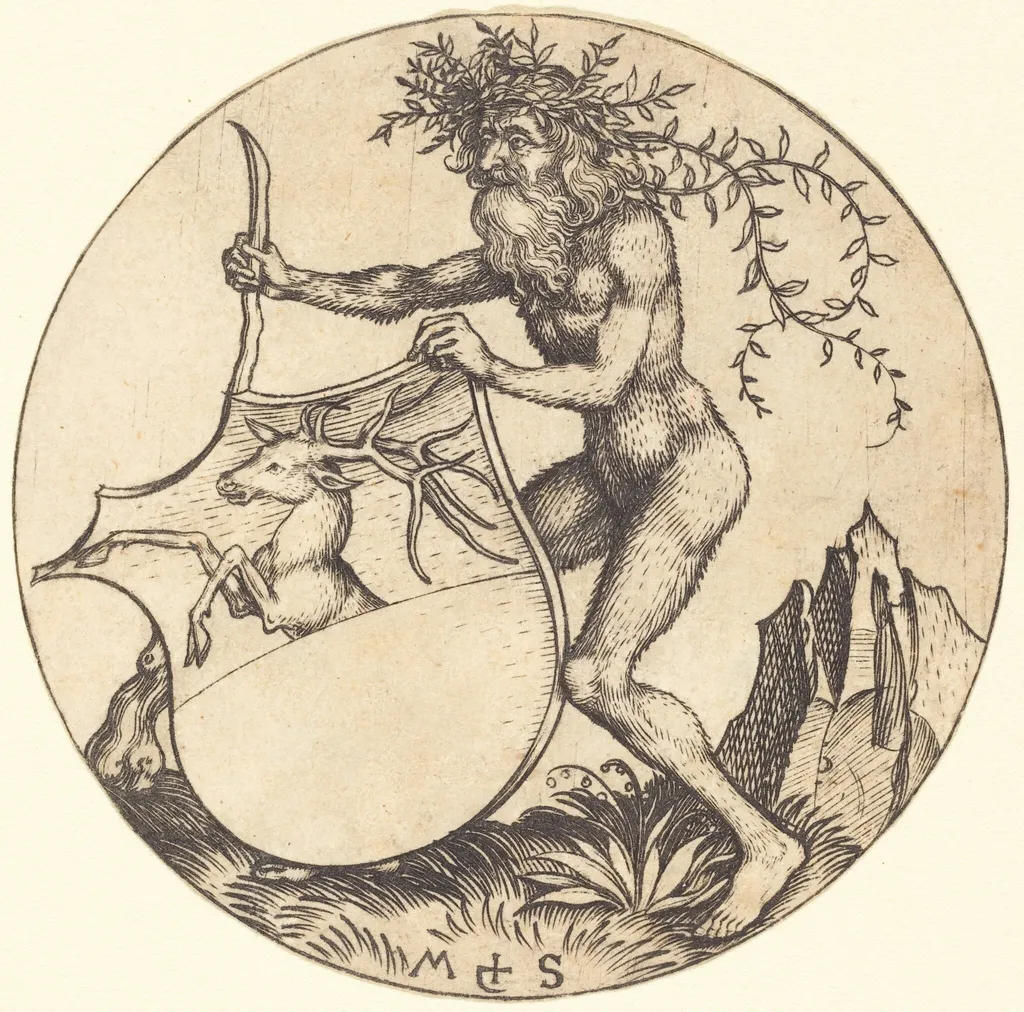Shield with Stag, Held by Wild Man, by Martin Schongauer, ink, 1485