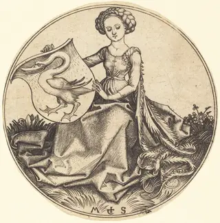 Shield with Swan, Held by Woman, by Martin Schongauer