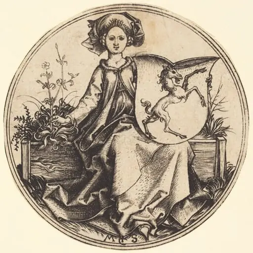 Shield with Unicorn, Held by Woman, by Martin Schongauer