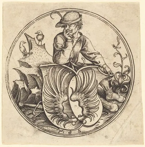 Shield with Wings, Held by Peasant, by Martin Schongauer