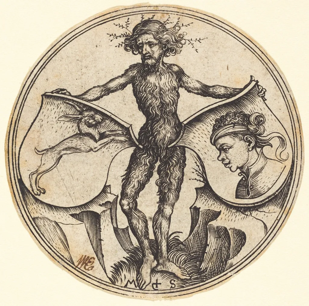 Shields with Rabbit and Moor's Head, Held by Wild Man, by Martin Schongauer, ink, 1485