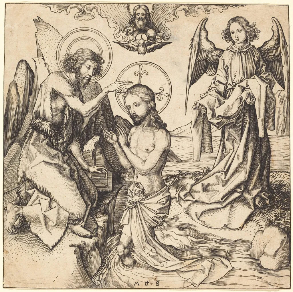 The Baptism of Christ, by Martin Schongauer, ink, 1485