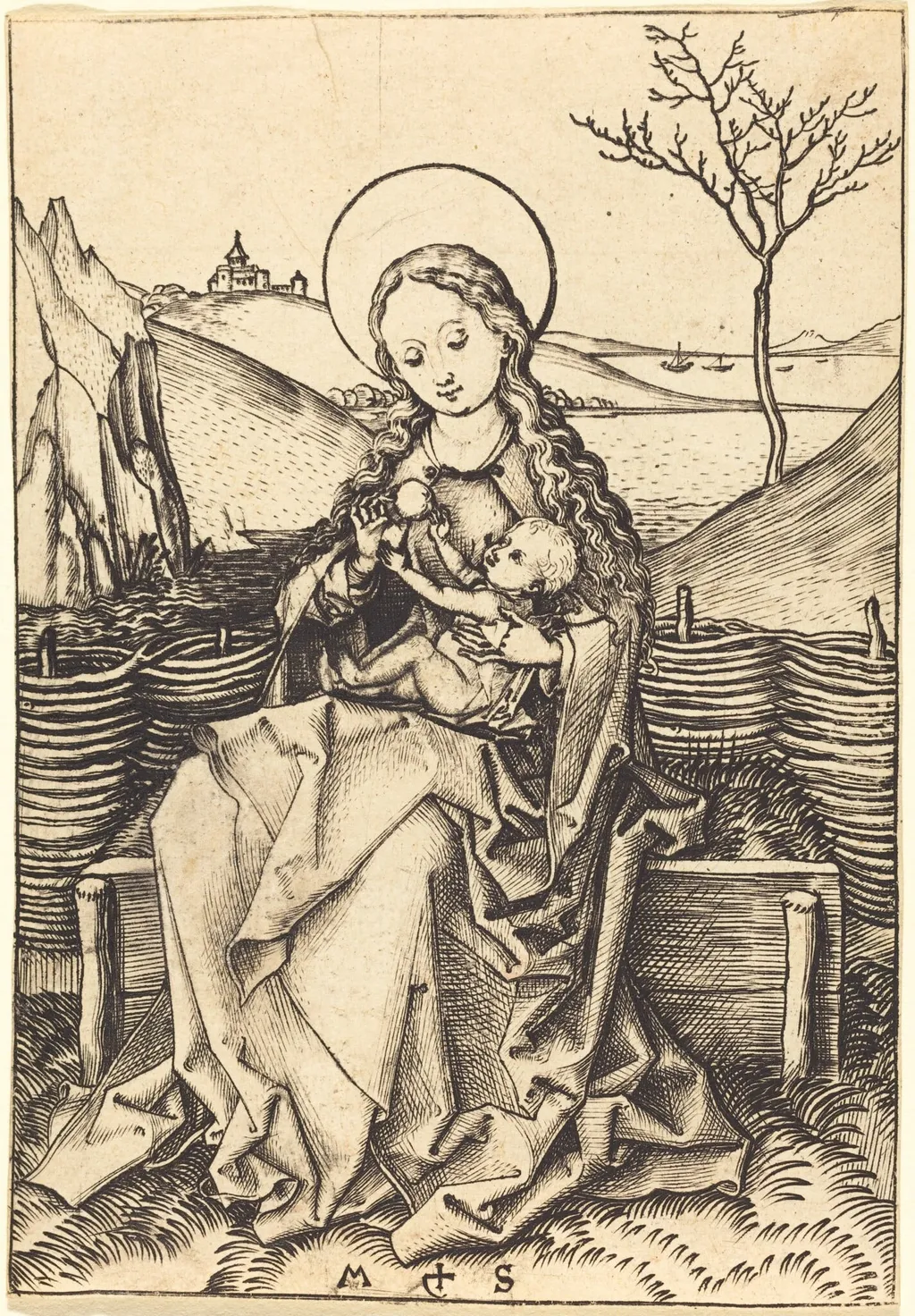 Virgin and Child on a Grassy Bench, by Martin Schongauer, ink, 1478