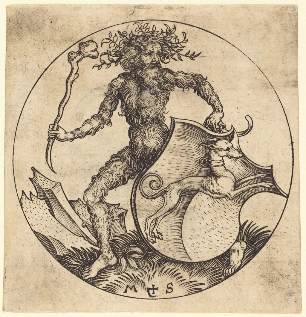 Wild Man Holding a Shield with a Greyhound, by Martin Schongauer, ink, 1485